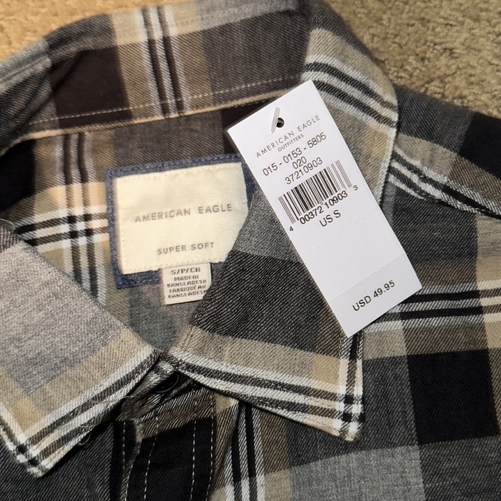 American Eagle Grey and Black Super Soft Flannel Shirt - Picture 2 of 3